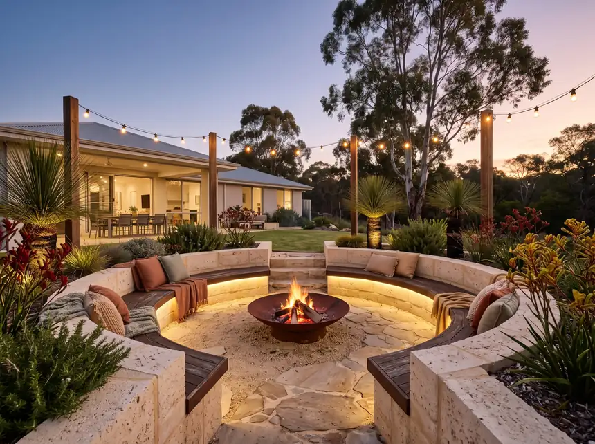 Alfresco fire pit zone with limestone seating walls built by Mandurah Landscaping
