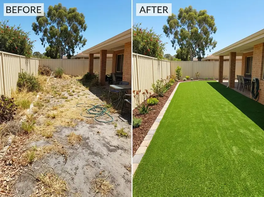 Before and after — sand backyard transformed with artificial grass in Mandurah