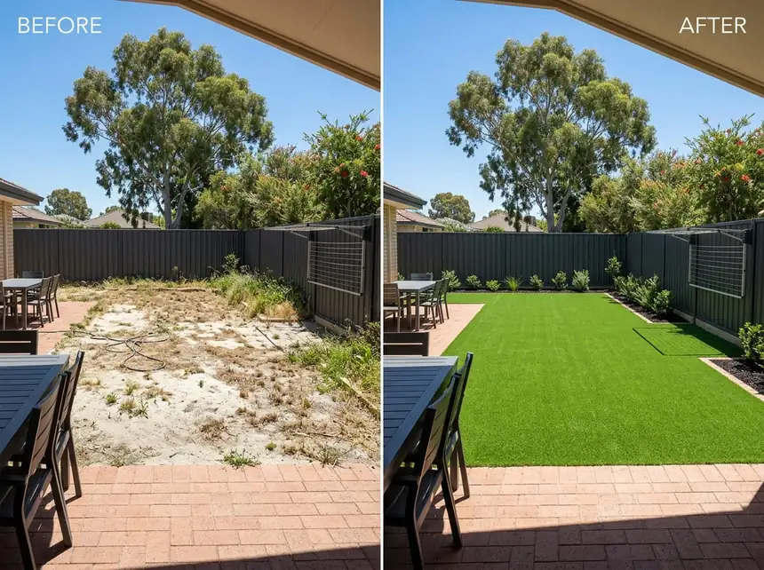Before and after — courtyard transformed with artificial turf in Mandurah