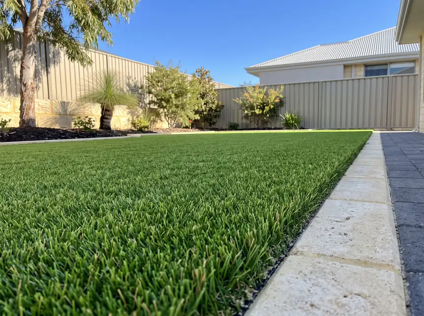 Artificial turf installation in a Mandurah backyard with limestone edging
