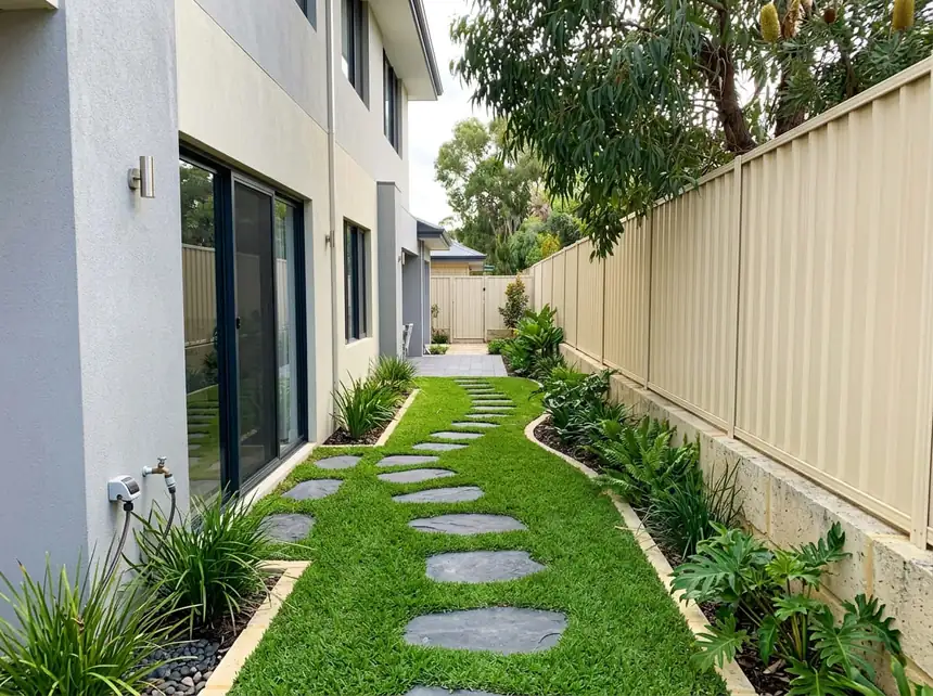 Artificial turf in a narrow side yard with limestone steppers