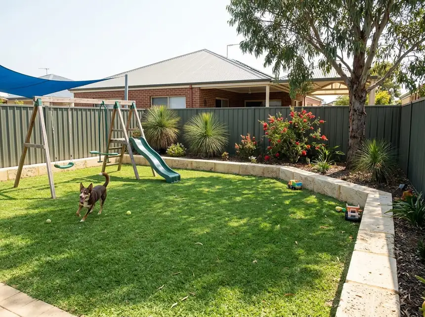 Artificial turf play area with swing set and limestone wall in Mandurah