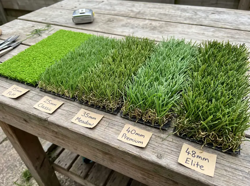 Artificial turf samples showing 25 mm to 48 mm pile heights