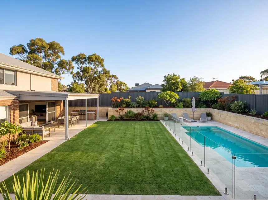 Backyard landscaping in Mandurah with manicured lawn, garden beds and pool