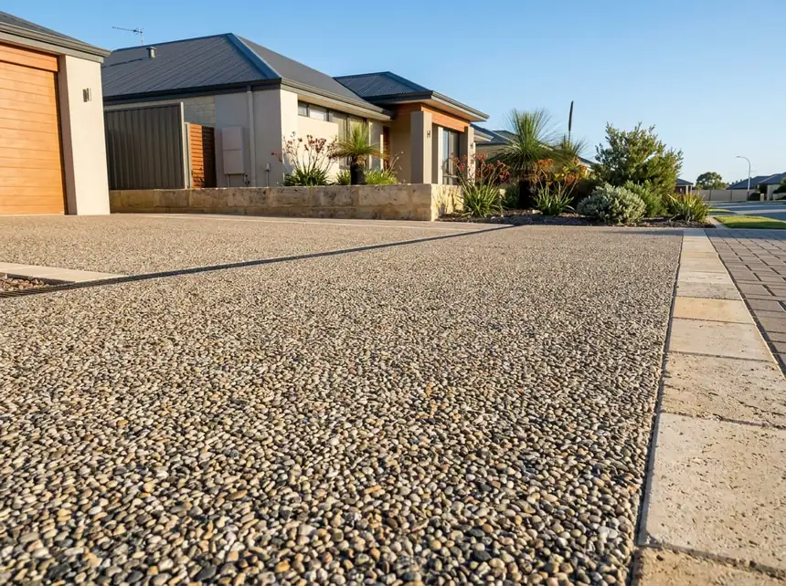 Exposed aggregate driveway with brick paving border in Mandurah