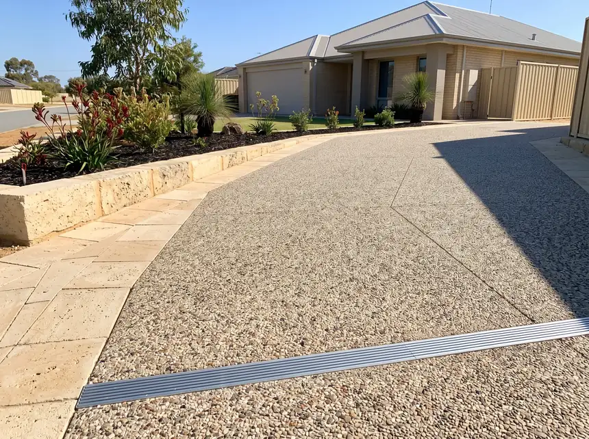 Exposed aggregate path with limestone retaining wall and drainage grate