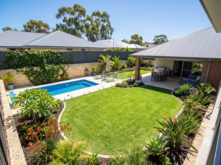 Landscape design Mandurah — backyard with curved lawn, limestone edging and pool