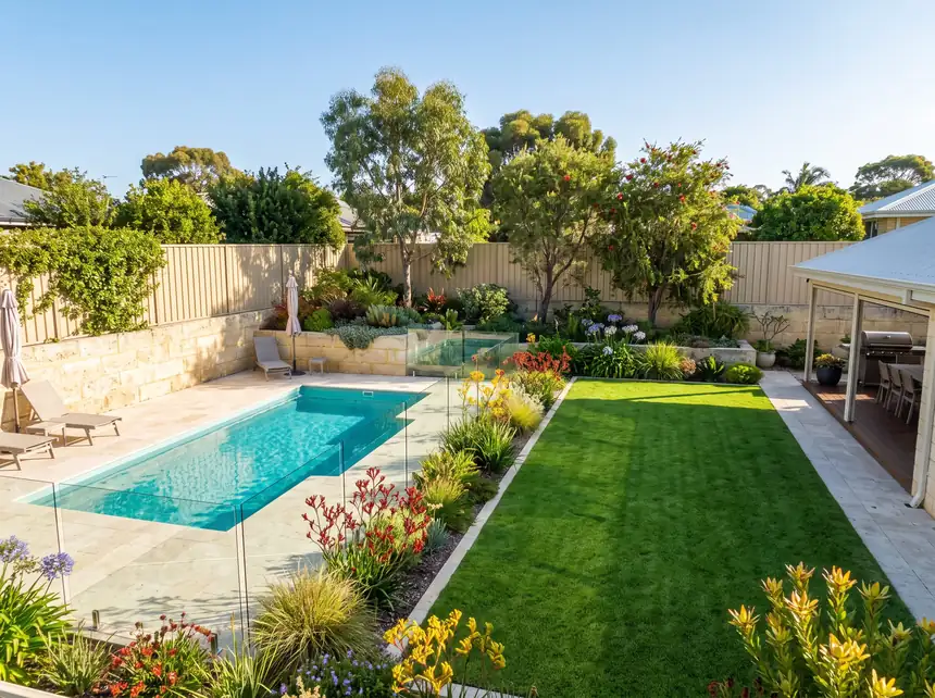 Landscaping Mandurah — finished backyard with pool, lawn, limestone walls and native planting