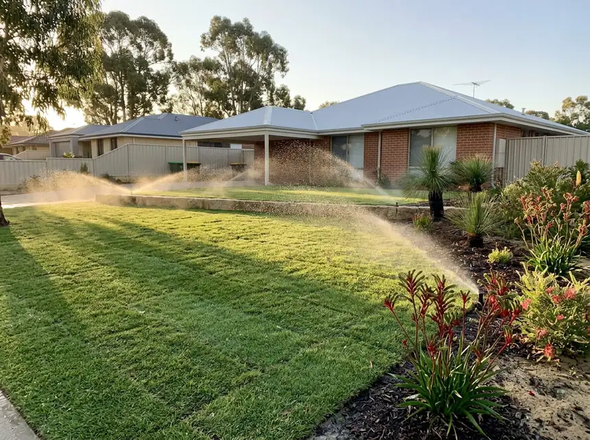 New lawn being watered by reticulation in the Peel region