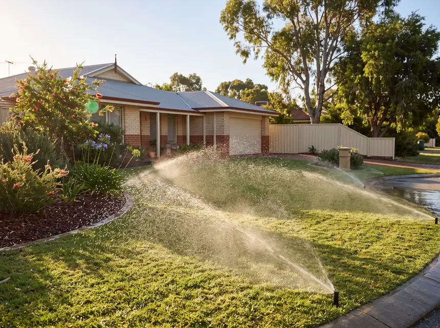 Reticulation Mandurah — pop-up sprinklers watering a front lawn at sunrise