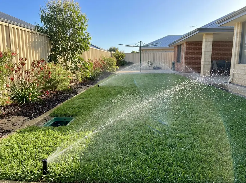 Reticulation system running on a Mandurah backyard lawn with valve box