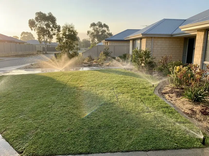 Sprinklers watering a fresh lawn after retic installation in Mandurah