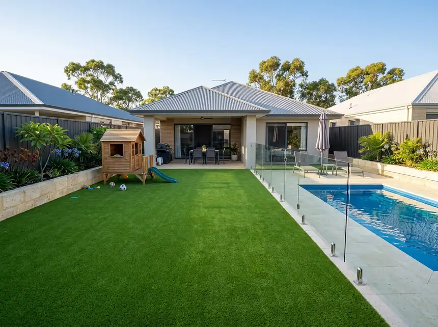 Synthetic turf backyard in Mandurah with pool and cubby house